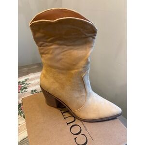 Coutgo Womens Cowboy Mid Calf Boots Mustard Yellow Suede Chunky Block Heel Sz 9